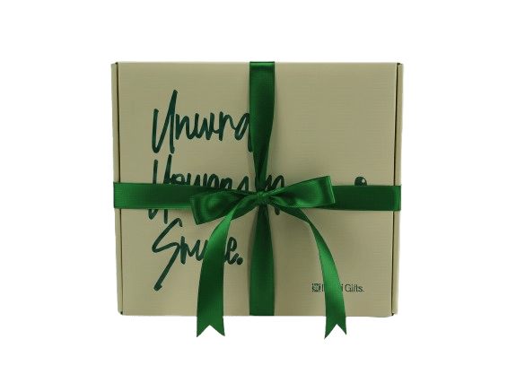 Big gift box with green ribbon finishing