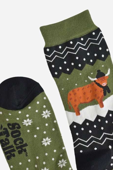 Men's Bamboo Socks - Green/Black, Winter Highland Cow - ImaniGifts