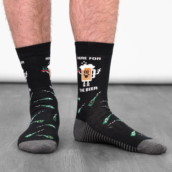 Men’s humorous beer-themed socks made from soft natural combed cotton, perfect birthday present