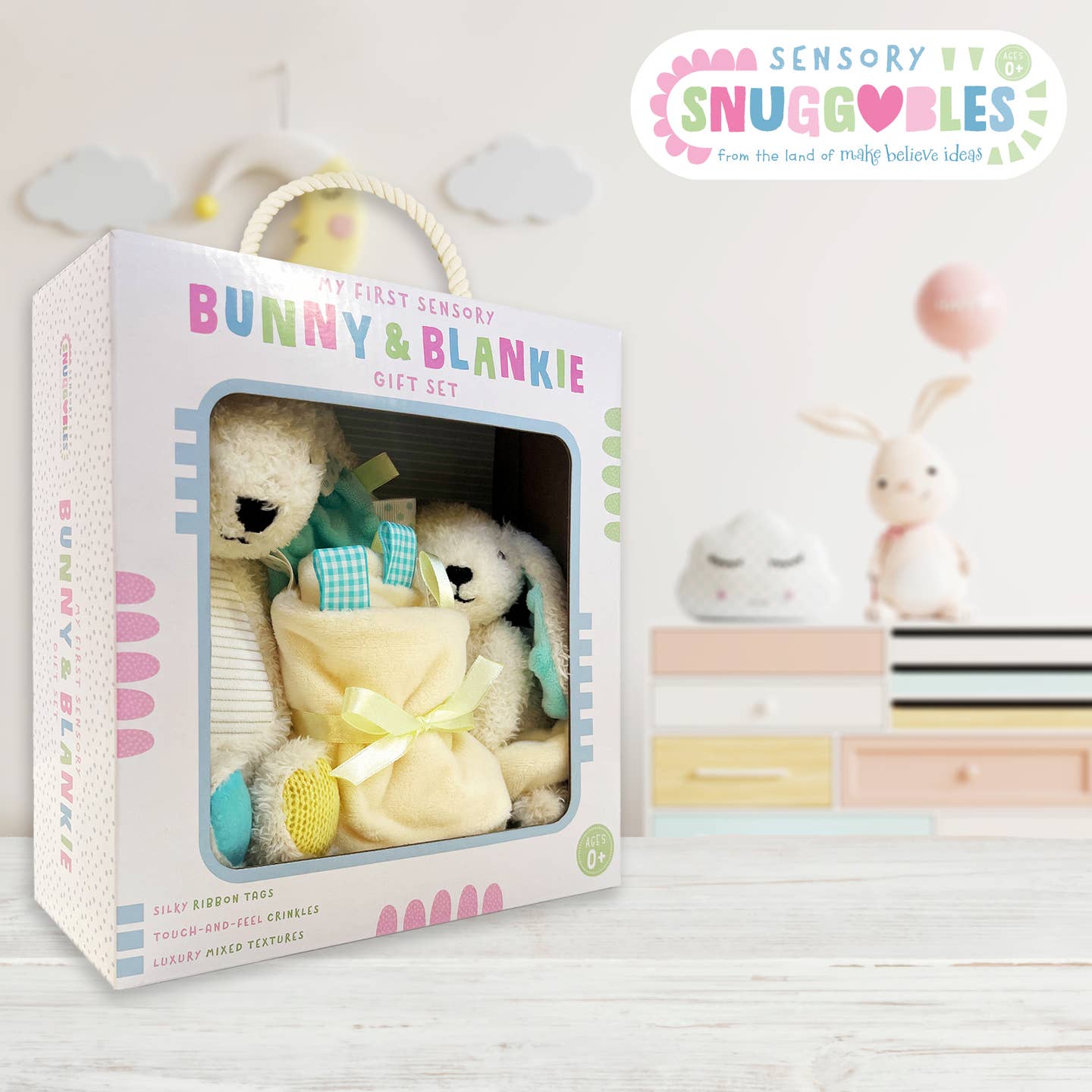 Portable sensory bunny gift for newborns and infants, perfect UK baby gift idea.