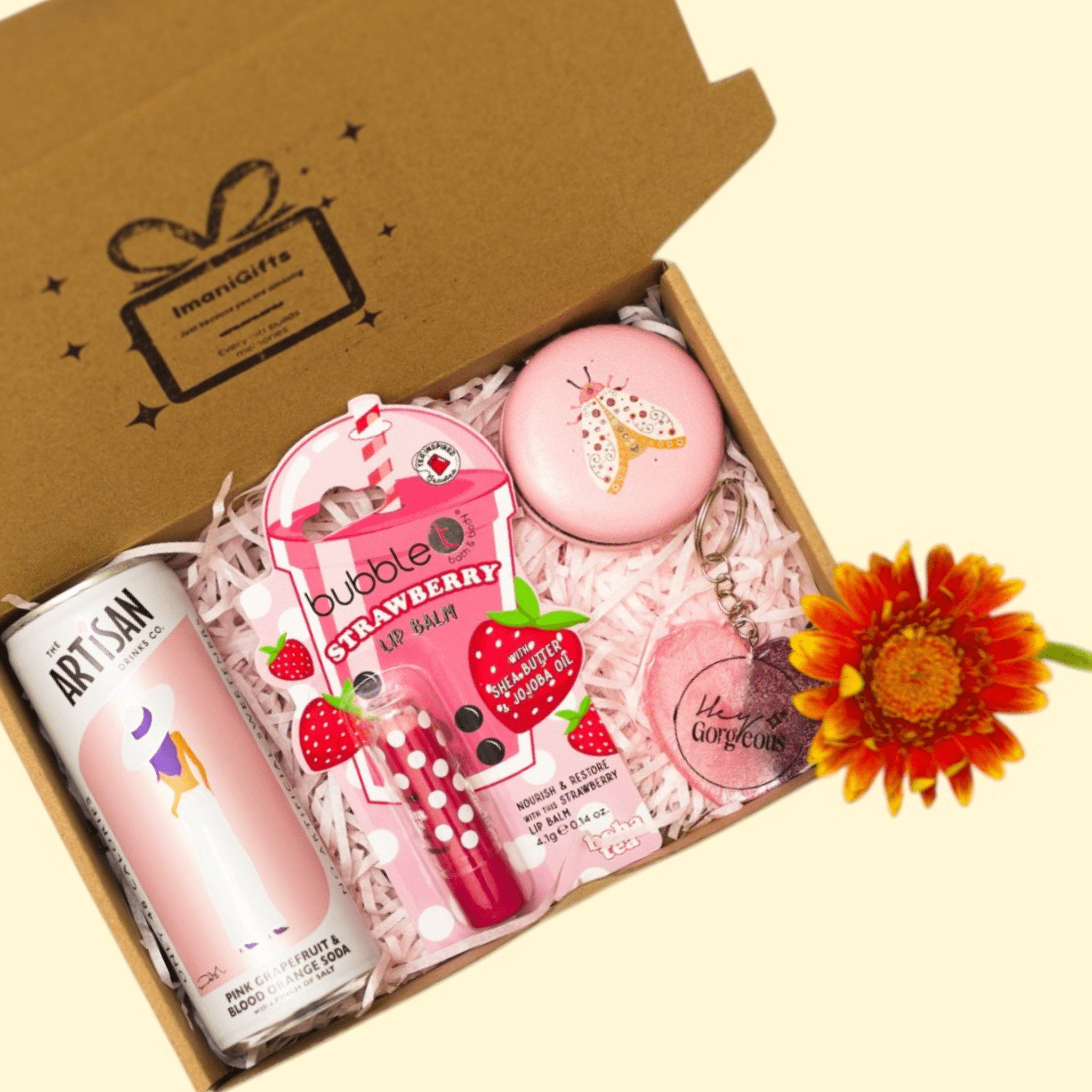Pinky gift box for women with self-care and pink-themed items, UK