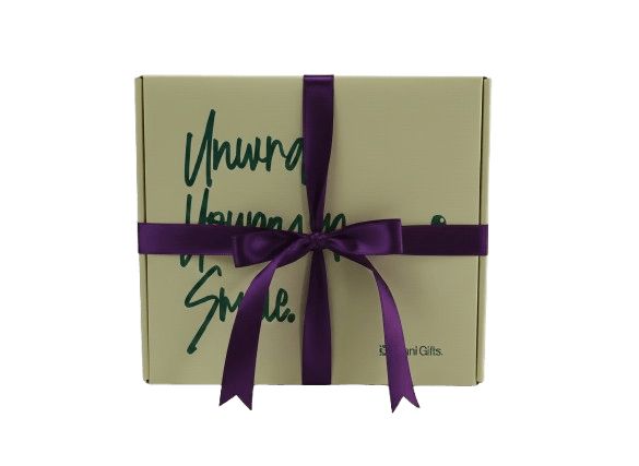 Personalised big gift box with purple ribbon