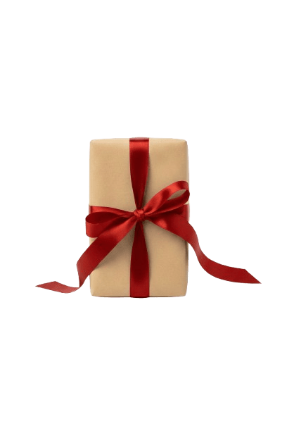 Mini gift box filled with presents and tied with red ribbon UK