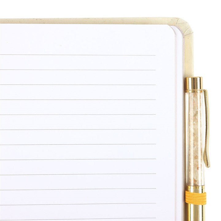 Mindful writing set with lined intention journal and citrine-infused pen — uplifting gift for personal growth