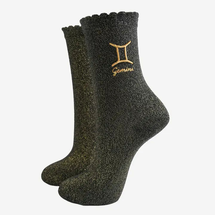 Gemini stars sign black glitter socks with gold embroidery, designed in the UK.