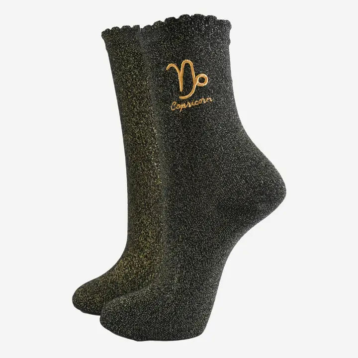 Capricorn Black and Gold Glitter Zodiac Socks - ImaniGifts