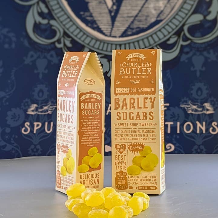 Traditional golden barley sugar candies in vintage packaging