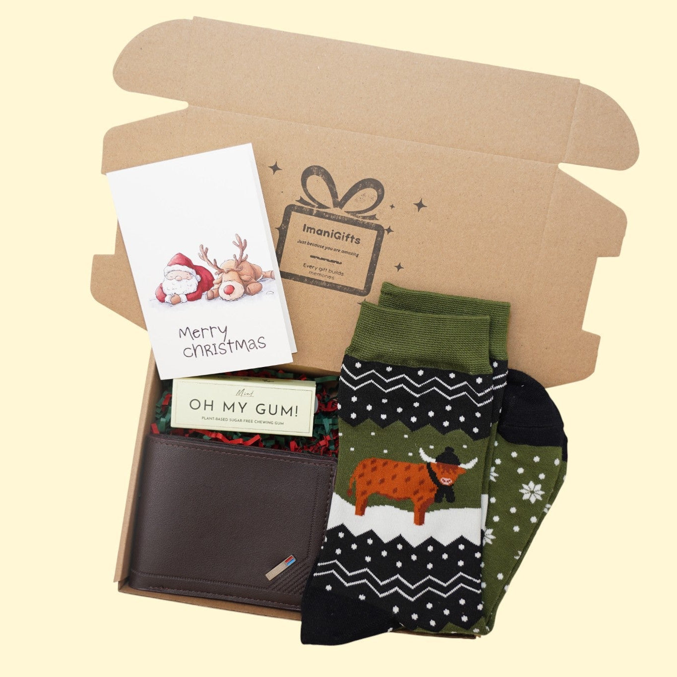 Decorative Christmas present box, featuring men socks, purse, and a merry Christmas note.