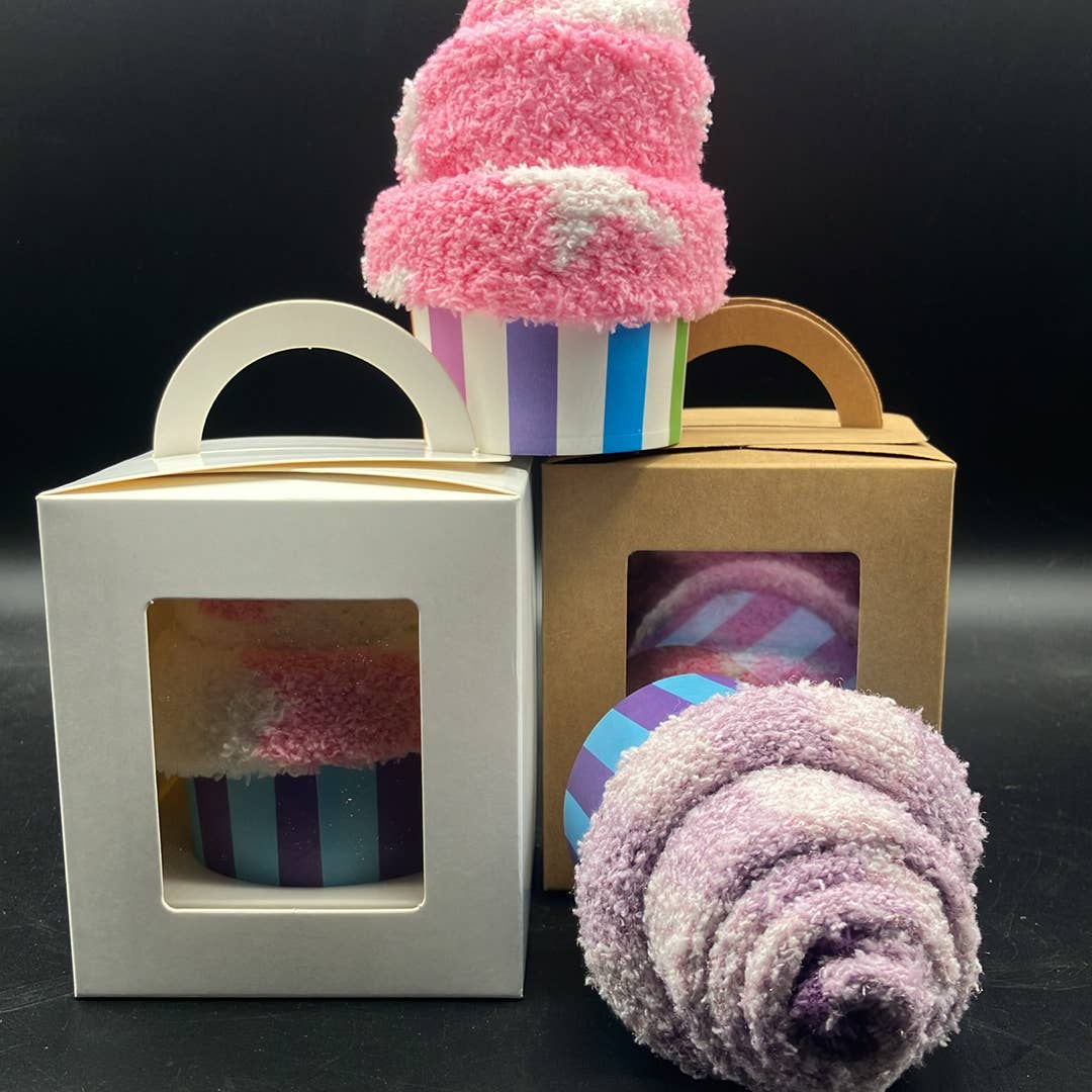 Pamper gift for her fluffy socks in a cupcake box