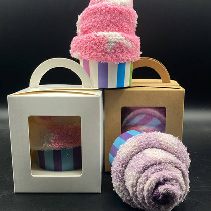 Pamper gift for her fluffy socks in a cupcake box
