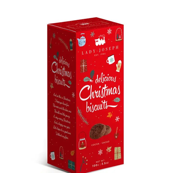 Lady Joseph vegan Christmas cookie – round cocoa biscuit in festive packaging