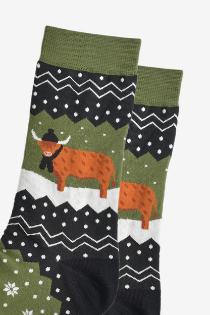 Men's Bamboo Socks - Green/Black, Winter Highland Cow - ImaniGifts
