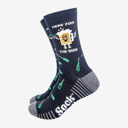 Black novelty crew socks featuring “Here for the Beer” text fun gift for beer lovers and men
