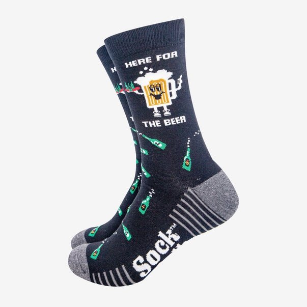 Black novelty crew socks featuring “Here for the Beer” text fun gift for beer lovers and men