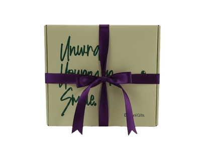 Personalised big gift box with purple ribbon