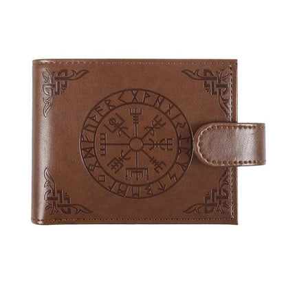 Black faux leather wallet with embossed Viking Vegvisir compass symbol