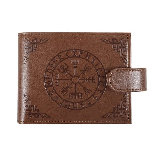 Black faux leather wallet with embossed Viking Vegvisir compass symbol
