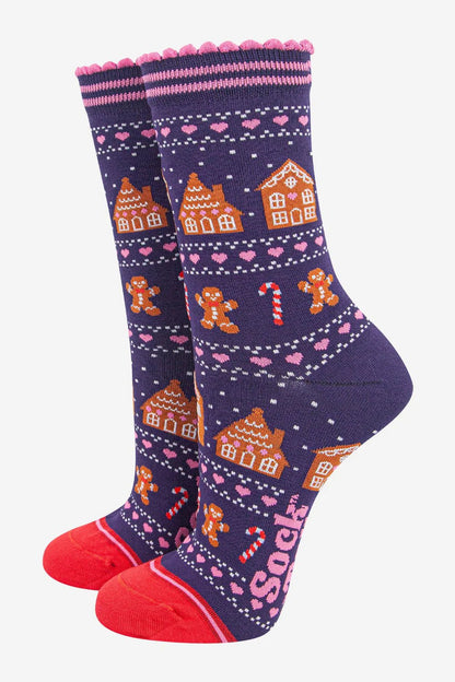 Women's Bamboo Socks - Navy Blue/Red, Gingerbread - ImaniGifts