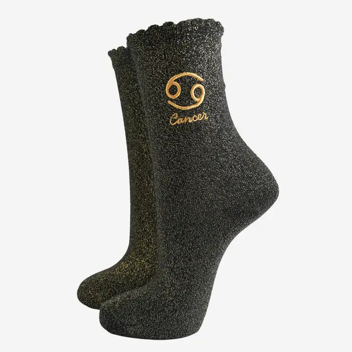 Women's Cancer Black and Gold Glitter Zodiac Socks - ImaniGifts