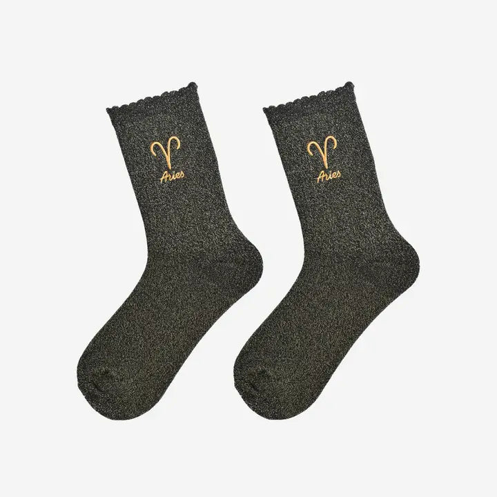 Women’s celestial glitter socks with gold Aries design and scalloped cuff