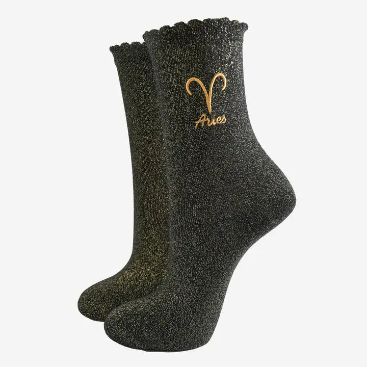 Luxury UK-made Aries zodiac socks in black with gold shimmer for her