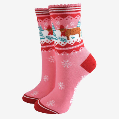 Womens Highland Cow Bamboo Ankle Socks Size 3 - 7 Ideal Gift Scot Hairy Coo Ladies - ImaniGifts