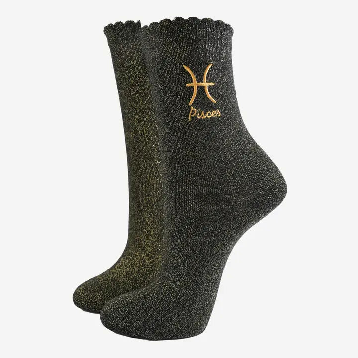 Astrology-themed Pisces glitter socks for her with gold embroidery and soft cotton blend