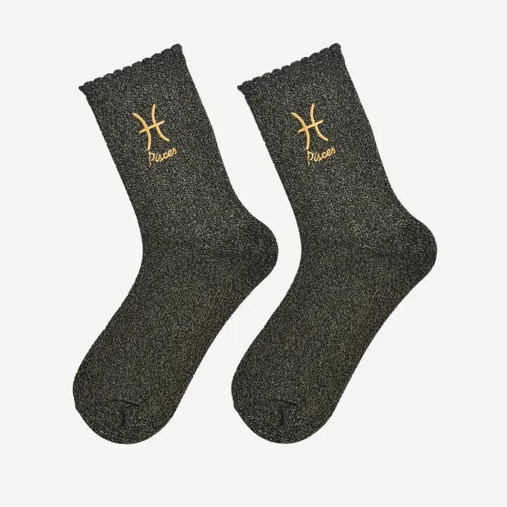 Women’s Pisces constellation socks in black with gold shimmer detailing